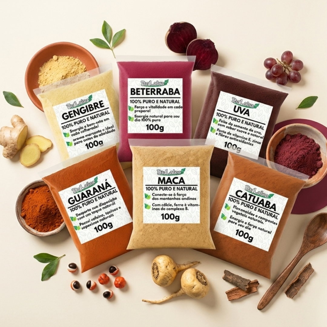 Os 6 pacotes de 100g vistos de cima com ingredientes frescos