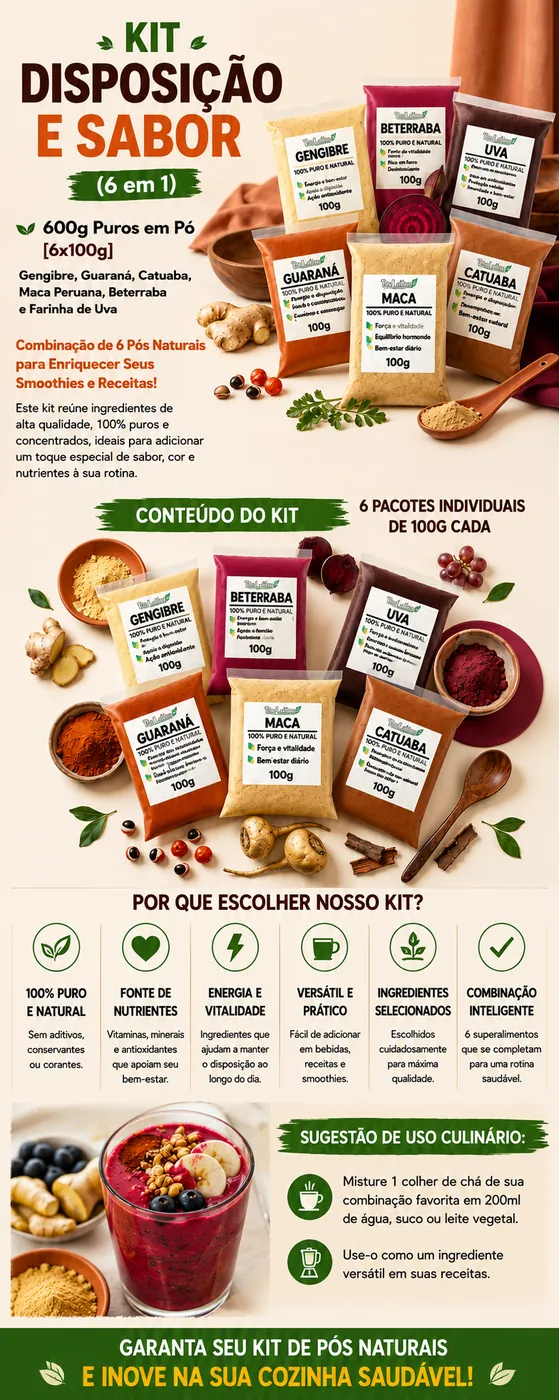 Infográfico do Kit Disposição e Sabor: 6 pacotes de 100g, benefícios e sugestões de uso