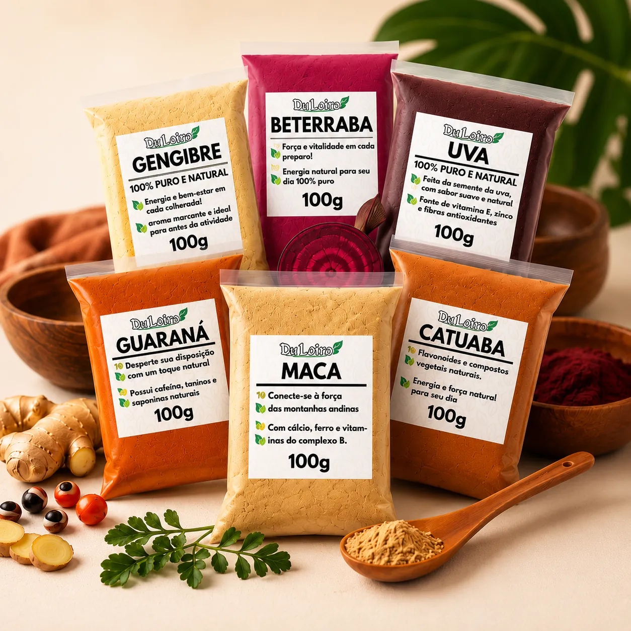 Kit completo com os 6 pacotes de pós naturais de 100g