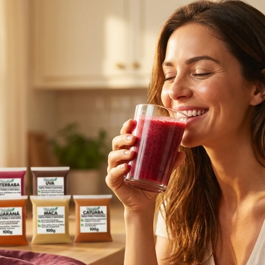 Mulher tomando um shake preparado com os pós naturais