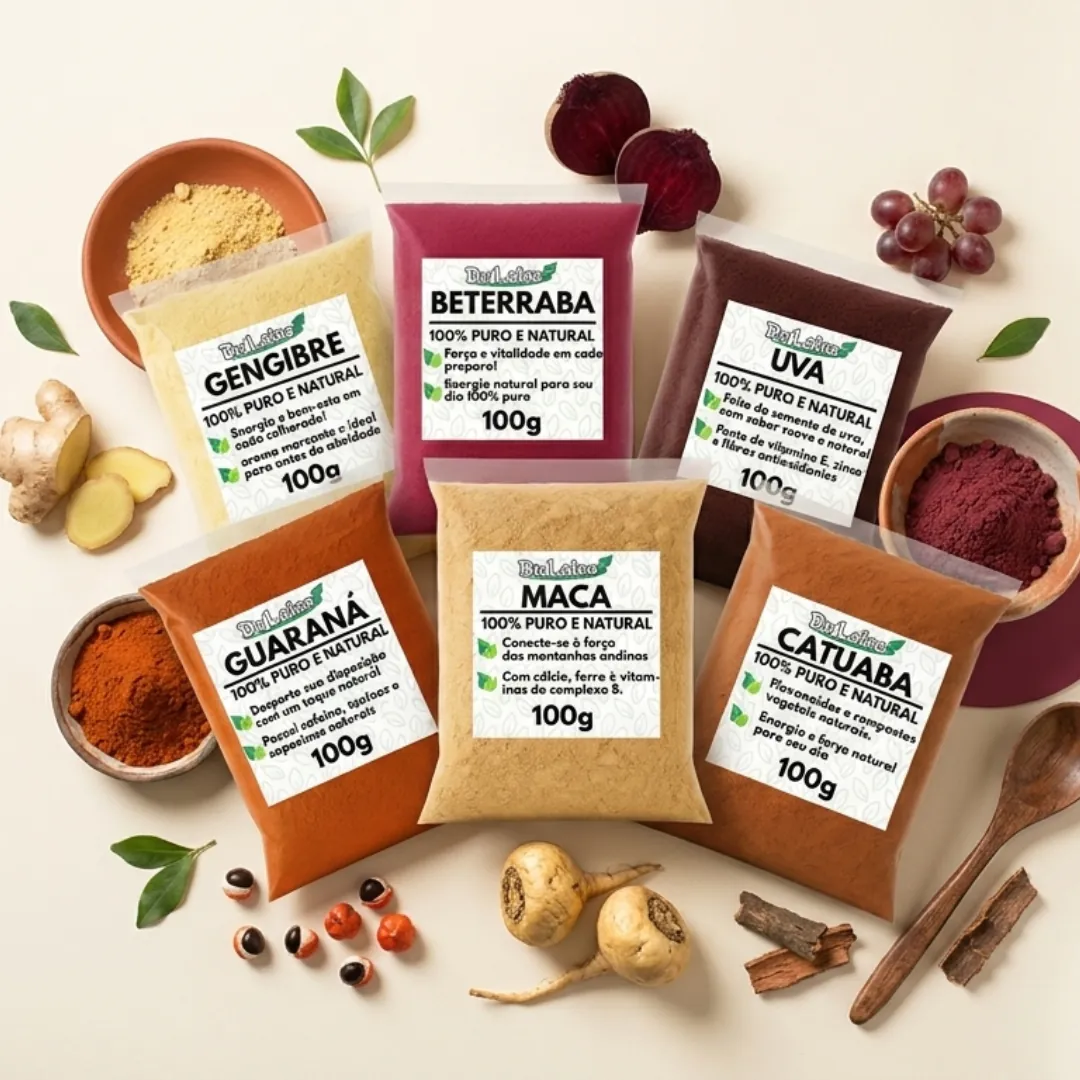 Os 6 pacotes de 100g vistos de cima com ingredientes frescos